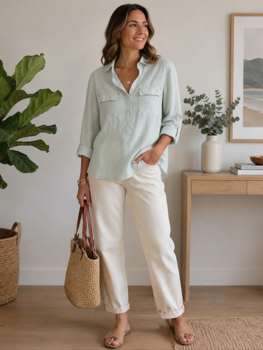 Marc New York Andrew Marc Linen Popover Blouse Mint Green Utility Top Small